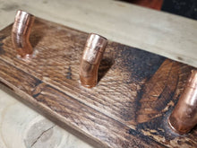 Load image into Gallery viewer, 45 Degree Copper Pipe Coat/ Towel Hooks, with Rustic Backboard (15mm copper pipe & reclaimed wood)