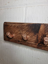 Load image into Gallery viewer, 45 Degree Copper Pipe Coat/ Towel Hooks, with Rustic Backboard (15mm copper pipe & reclaimed wood)