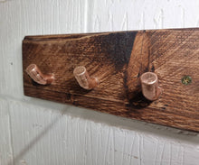Load image into Gallery viewer, 45 Degree Copper Pipe Coat/ Towel Hooks, with Rustic Backboard (15mm copper pipe & reclaimed wood)