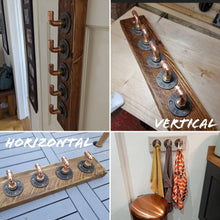 Load image into Gallery viewer, Copper Pipe Coat/ Towel Hooks, with Rustic Back Board (Horizontal, or Vertical Version) | Farmhouse Decor | Industrial Steampunk