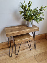 Load image into Gallery viewer, Chunky Rustic Nest of Tables, supported by Steel Hairpin Legs (Reclaimed Wood)