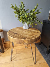 Load image into Gallery viewer, Chunky Round Rustic Side/ Coffee Table, with Steel Hairpin Legs | Farmhouse Furniture | Reclaimed Wood | Industrial End Table | Chic Decor