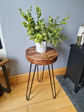 Load image into Gallery viewer, Chunky Round Rustic Side/ Coffee Table, with Steel Hairpin Legs | Farmhouse Furniture | Reclaimed Wood | Industrial End Table | Chic Decor