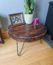 Load image into Gallery viewer, Chunky Round Rustic Side/ Coffee Table, with Steel Hairpin Legs | Farmhouse Furniture | Reclaimed Wood | Industrial End Table | Chic Decor
