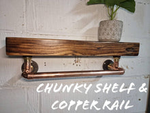 Load image into Gallery viewer, Chunky Rustic Shelf & Copper Pipe Rail | Scandinavian Redwood | Industrial Shelf | Wall Mounted Shelving Unit | Farmhouse Decor | Steampunk