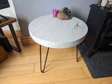 Load image into Gallery viewer, Chunky Round Rustic Side/ Coffee Table, with Steel Hairpin Legs | Farmhouse Furniture | Reclaimed Wood | Industrial End Table | Chic Decor