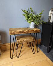 Load image into Gallery viewer, Chunky 'Live Edge' Rustic Nest of Tables, supported by Steel Hairpin Legs | Plant Stand | Reclaimed Wood | Waney Edge