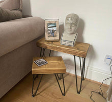 Load image into Gallery viewer, Chunky Rustic Nest of Tables, supported by Steel Hairpin Legs (Reclaimed Wood)