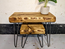 Load image into Gallery viewer, Chunky 'Live Edge' Rustic Nest of Tables, supported by Steel Hairpin Legs | Plant Stand | Reclaimed Wood | Waney Edge