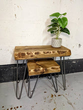 Load image into Gallery viewer, Chunky 'Live Edge' Rustic Nest of Tables, supported by Steel Hairpin Legs | Plant Stand | Reclaimed Wood | Waney Edge