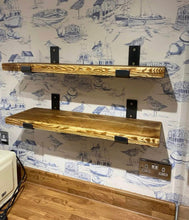 Load image into Gallery viewer, Coloured Rustic Shelves & Raw Steel Shelf Brackets | Reclaimed Wood | Scaffold Boards | Home Decor | Wall Mounted Shelves