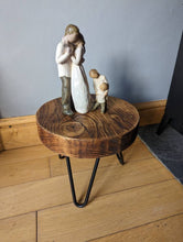 Load image into Gallery viewer, Chunky Round Milking Stool/ Side Table, with Steel Hairpin Legs| Farmhouse Furniture | Reclaimed Wood | Industrial End Table | Chic Decor