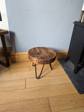Load image into Gallery viewer, Chunky Round Milking Stool/ Side Table, with Steel Hairpin Legs| Farmhouse Furniture | Reclaimed Wood | Industrial End Table | Chic Decor