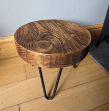Load image into Gallery viewer, Chunky Round Milking Stool/ Side Table, with Steel Hairpin Legs| Reclaimed Wood| Rustic