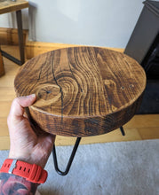Load image into Gallery viewer, Chunky Round Milking Stool/ Side Table, with Steel Hairpin Legs| Farmhouse Furniture | Reclaimed Wood | Industrial End Table | Chic Decor