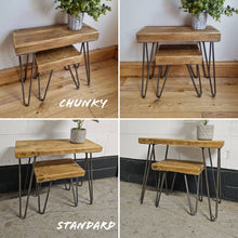 Load image into Gallery viewer, Chunky Rustic Nest of Tables, supported by Steel Hairpin Legs (Reclaimed Wood)