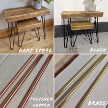 Load image into Gallery viewer, Chunky 'Live Edge' Rustic Nest of Tables, supported by Steel Hairpin Legs | Plant Stand | Reclaimed Wood | Waney Edge