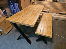 Load image into Gallery viewer, Chunky Rustic Dining Table & Bench Set, with Black X Frame Legs | Scandinavian Redwood | Farmhouse Furniture