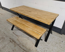 Load image into Gallery viewer, Chunky Rustic Dining Table & Bench Set, with Black X Frame Legs | Scandinavian Redwood | Farmhouse Furniture