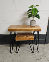 Load image into Gallery viewer, Chunky Rustic Nest of Tables, supported by Steel Hairpin Legs (Reclaimed Wood)