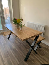 Load image into Gallery viewer, Chunky Rustic Dining Table & Bench Set, with Black X Frame Legs | Scandinavian Redwood | Farmhouse Furniture