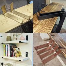 Load image into Gallery viewer, Coloured Raw Steel Shelf Brackets & Rustic Shelf | Industrial Shelf | Reclaimed Wood | Steam Punk Style | Industrial Wall Shelving | Pipe