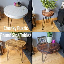 Load image into Gallery viewer, Chunky Round Rustic Side/ Coffee Table, with Steel Hairpin Legs | Farmhouse Furniture | Reclaimed Wood | Industrial End Table | Chic Decor