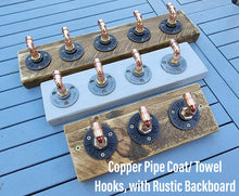 Load image into Gallery viewer, Copper Pipe Coat/ Towel Hooks, with Rustic Back Board (Horizontal, or Vertical Version) | Farmhouse Decor | Industrial Steampunk