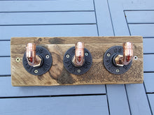 Load image into Gallery viewer, Copper Pipe Coat/ Towel Hooks, with Rustic Back Board
