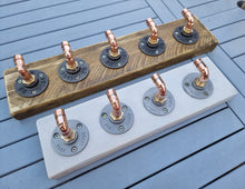 Load image into Gallery viewer, Copper Pipe Coat/ Towel Hooks, with Rustic Back Board