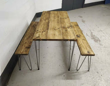 Load image into Gallery viewer, Rustic Dining Table, with One, or Two Benches, with Steel Hairpin Legs