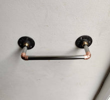 Load image into Gallery viewer, Industrial Designed Chrome/ Copper Pipe Towel Rail & Loo Roll Holder Set