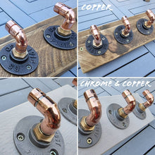 Load image into Gallery viewer, Copper Pipe Coat/ Towel Hooks, with Rustic Back Board (Horizontal, or Vertical Version) | Farmhouse Decor | Industrial Steampunk
