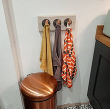 Load image into Gallery viewer, Copper Pipe Coat/ Towel Hooks, with Rustic Back Board (Horizontal, or Vertical Version) | Farmhouse Decor | Industrial Steampunk
