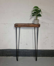 Load image into Gallery viewer, Chunky Rustic Console Table, supported by Steel Hairpin Legs (Chunky Reclaimed Wood)
