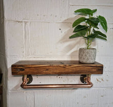 Load image into Gallery viewer, Chunky Rustic Shelf &amp; Copper Pipe Rail | Scandinavian Redwood | Industrial Shelf | Wall Mounted Shelving Unit | Farmhouse Decor | Steampunk
