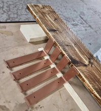 Load image into Gallery viewer, Coloured Raw Steel Shelf Brackets &amp; Rustic Shelf | Industrial Shelf | Reclaimed Wood | Steam Punk Style | Industrial Wall Shelving | Pipe
