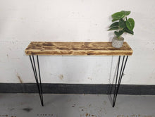 Load image into Gallery viewer, Chunky Rustic Console Table, supported by Steel Hairpin Legs (Chunky Reclaimed Wood)
