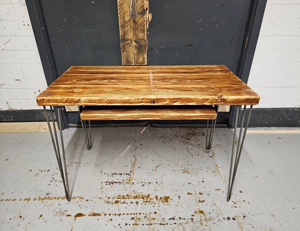 Chunky Rustic Desk, with Retractable Keyboard Shelf & Steel Hairpin Legs| Scandinavian Redwood| Reclaimed Wood