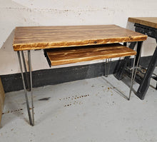 Load image into Gallery viewer, Chunky Rustic Desk, with Retractable Keyboard Shelf &amp; Steel Hairpin Legs| Scandinavian Redwood| Reclaimed Wood
