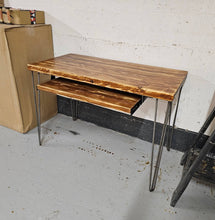 Load image into Gallery viewer, Chunky Rustic Desk, with Retractable Keyboard Shelf &amp; Steel Hairpin Legs| Scandinavian Redwood| Reclaimed Wood
