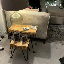 Load image into Gallery viewer, Chunky &#39;Live Edge&#39; Rustic Nest of Tables, supported by Steel Hairpin Legs | Plant Stand | Reclaimed Wood | Waney Edge
