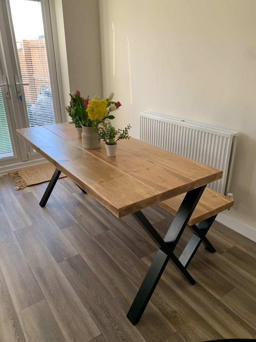 Chunky Rustic Dining Table & Bench Set, with Black X Frame Legs | Scan ...