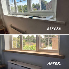Load image into Gallery viewer, Rustic Window Sills, with Front Lip &amp; Corner Notch Covers | Window Ledge Shelf | Farmhouse Decor | Wood Display Stand | Bathroom Sill
