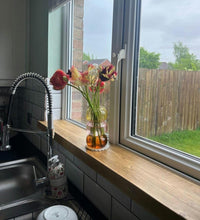 Load image into Gallery viewer, Rustic Window Sills, with Front Lip &amp; Corner Notch Covers | Window Ledge Shelf | Farmhouse Decor | Wood Display Stand | Bathroom Sill
