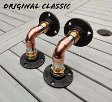Load image into Gallery viewer, Industrial Designed Chrome, Copper Pipe, Raw Steel &amp; Cast Iron Shelf Brackets
