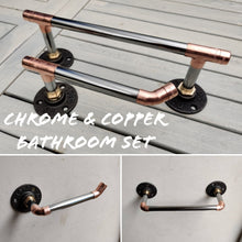 Load image into Gallery viewer, Industrial Designed Chrome/ Copper Pipe Towel Rail &amp; Loo Roll Holder Set
