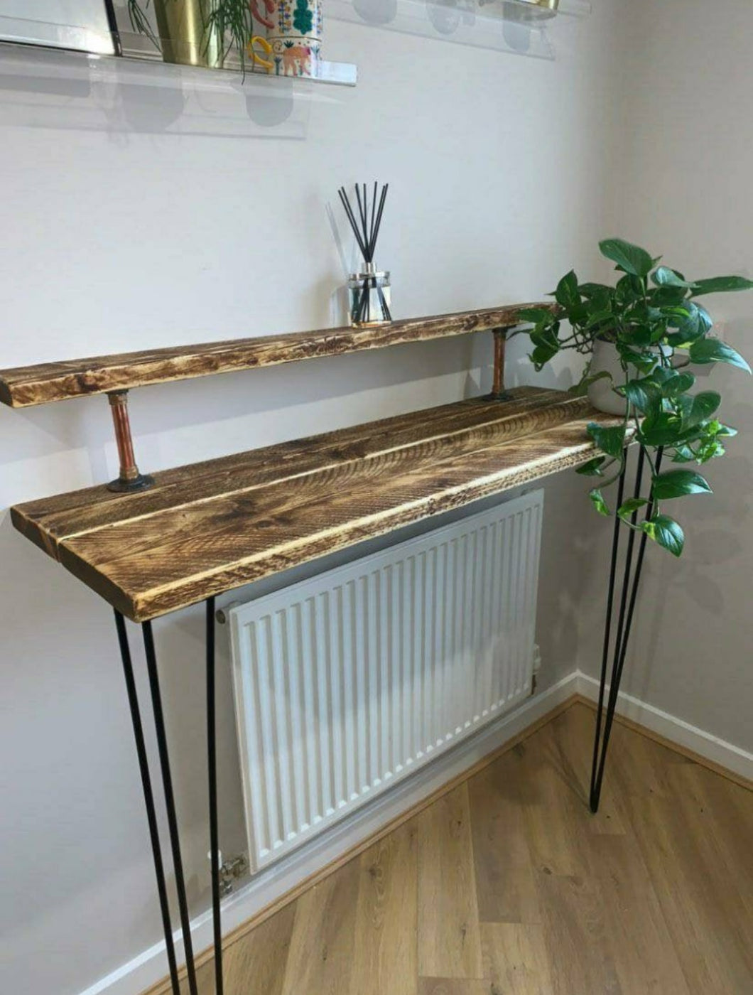 Rustic Two-Tier Breakfast Bar Supported by Steel Hairpin Legs
