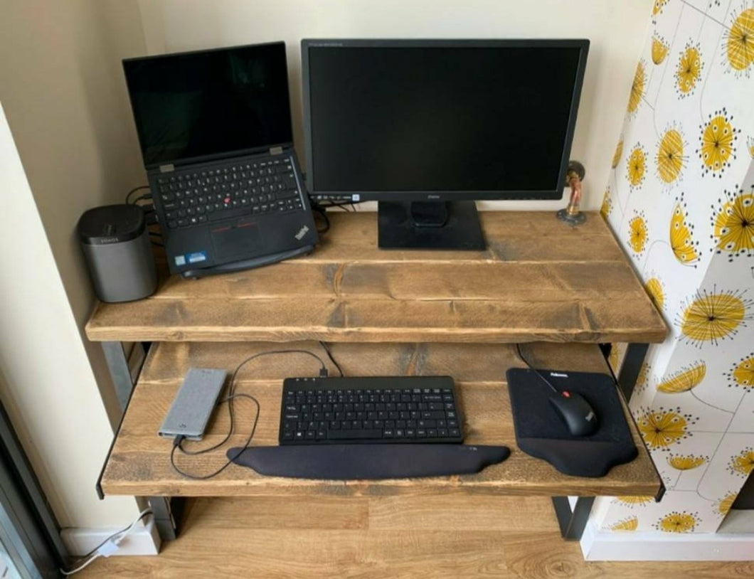 Rustic Desk, with Retractable Keyboard Shelf & Industrial Steel Legs