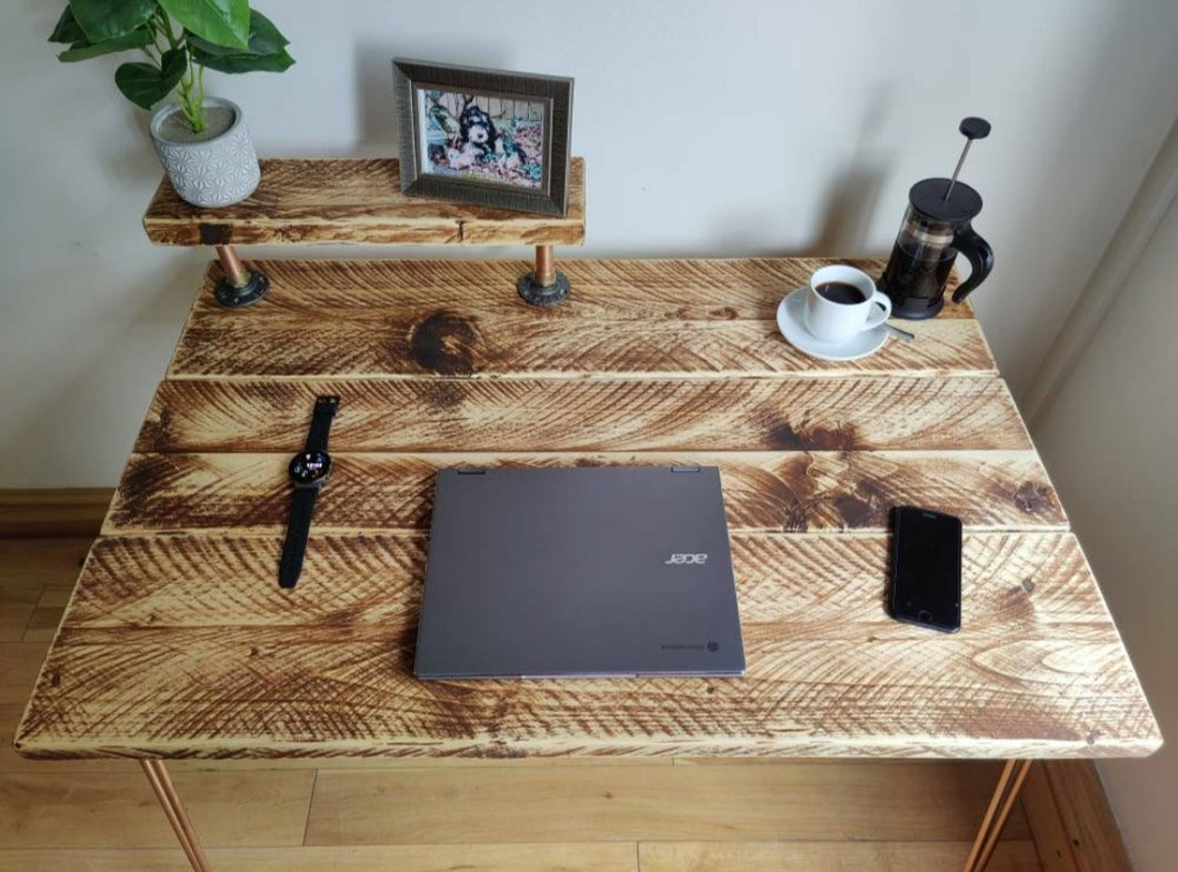 Rustic Desk, with Half Shelf & Steel Hairpin Legs